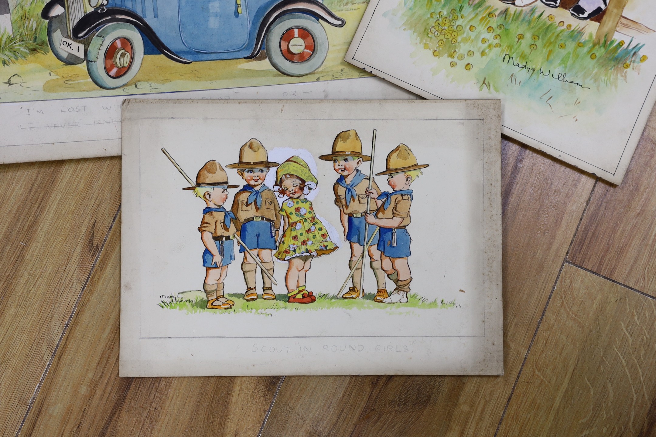 Madge Richardson, (20th century British), six watercolours on card, humorous scenes, unframed, largest 28 x 44cm
